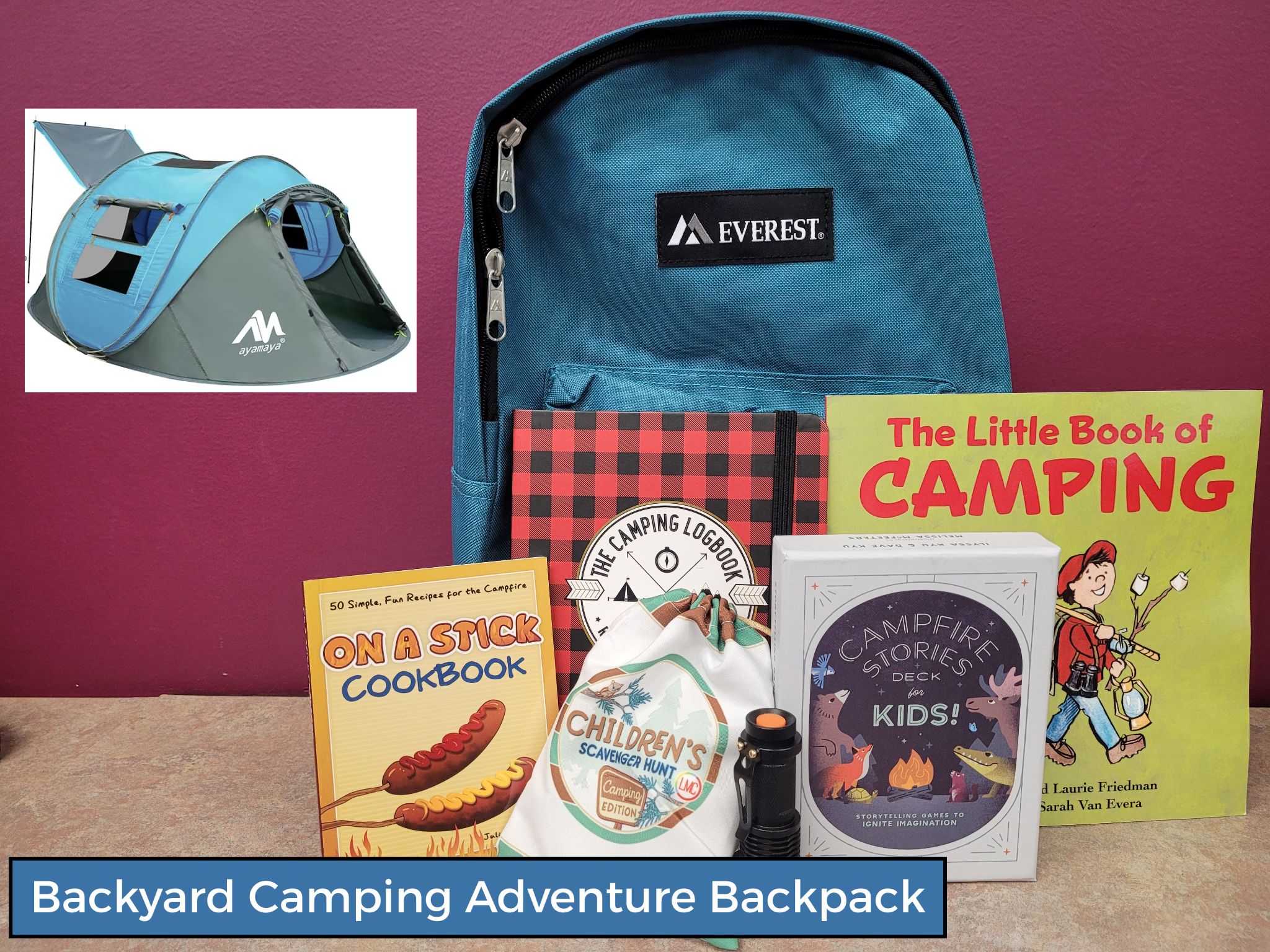 image of backyard camping adventure backpack contents and tent