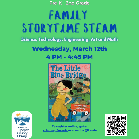 The Little Blue Bridge book and text about Family Story Time STEAM event