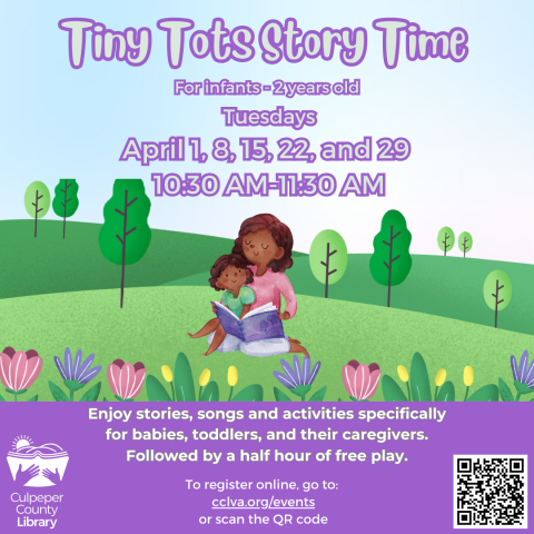 Woman and Child Reading Outdoors and Information on Tiny Tots Story Time