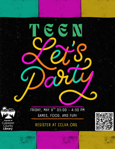 Flyer with text about Teen Party Event