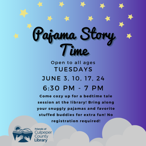 Flyer about Pajama story times with clouds and stars