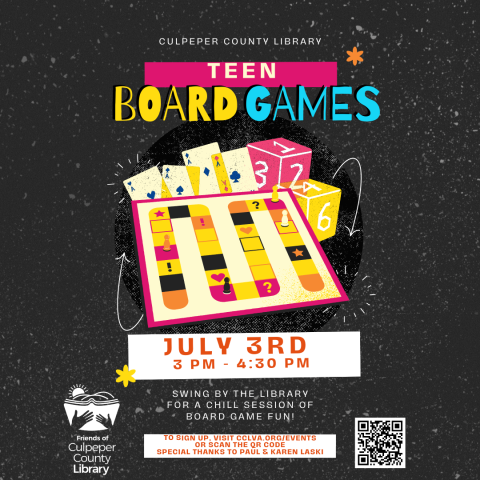 Flyer with a board game detailing teen board game event