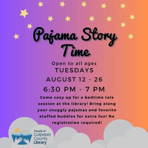 Flyer about Pajama story times with clouds and stars