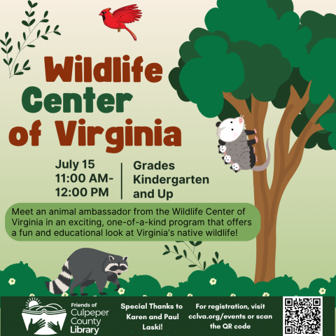 Flyer about Wildlife Center of Virginia event with animals and a tree.