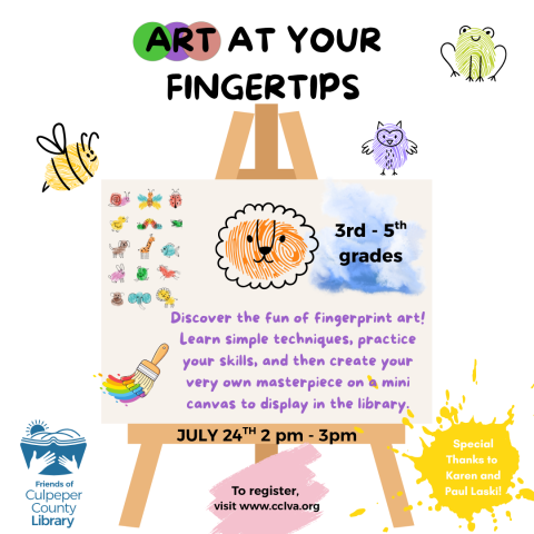 An easel with art animals and information about fingerprint art workshop