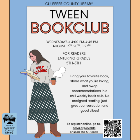 Flyer about tween book club with picture of woman with a book and coffee