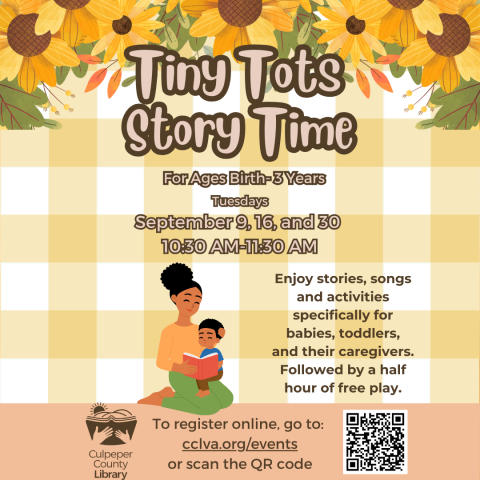 Flyer about tiny tots story time with picture of woman holding a child