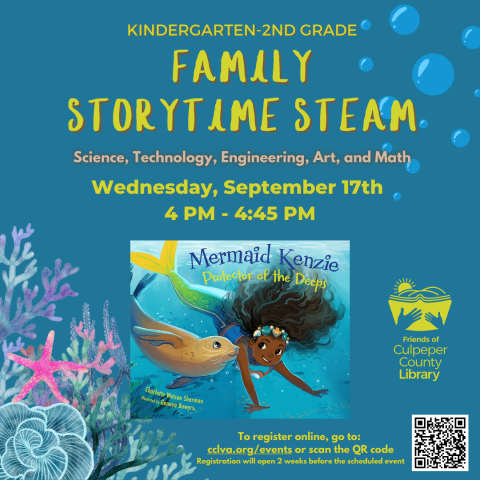 Flyer for family story time STEAM with picture of book Mermaid Kenzie