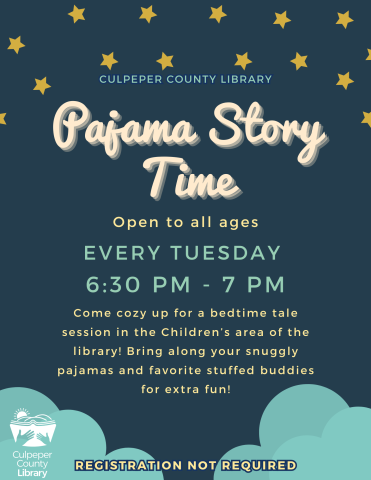 Flyer about Pajama Story Time with stars and clouds