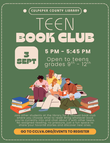 Flyer about teen book club with a few teens reading