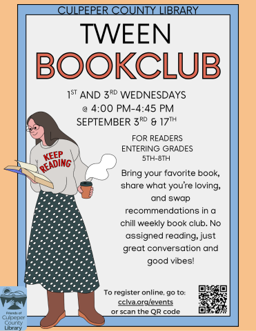 Flyer about tween book club with picture of woman with a book and coffee