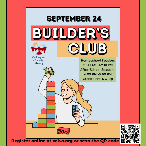 Flyer for builders club with child stacking blocks