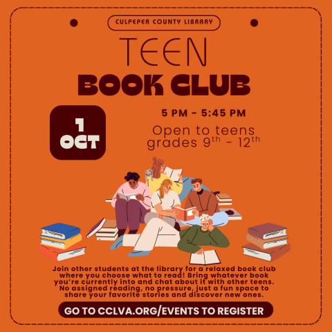 Flyer about teen book club with picture of students reading books