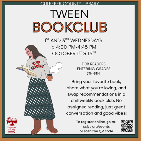 Flyer about tween book club with picture of woman with a book and coffee