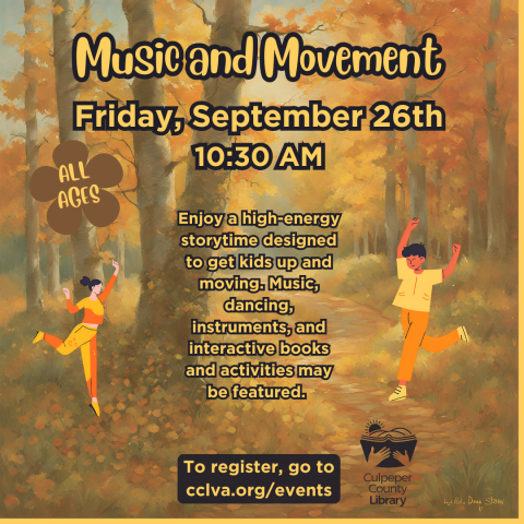 Flyer about music & movement event and two kids dancing