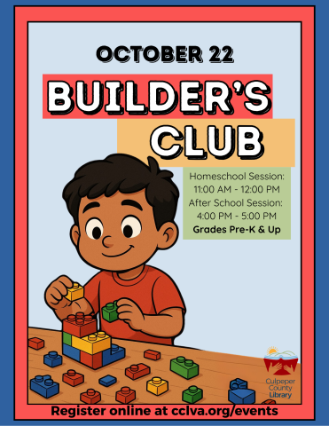 Flyer about Builders Club featuring a boy playing with legos