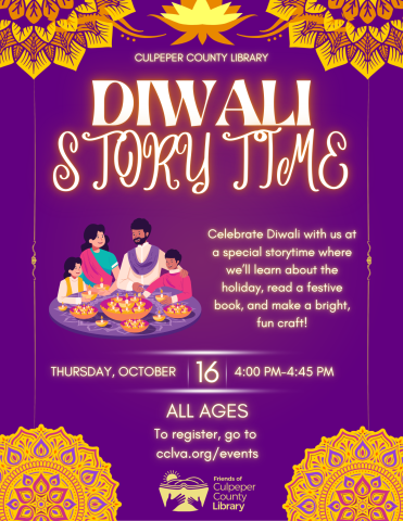 Flyer for Diwali Story Time featuring a family eating
