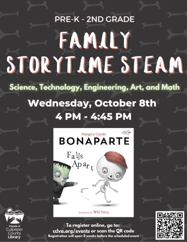Flyer for Family Storytime STEAM featuring bones