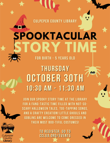Flyer about Spooktacular Story Time featuring ghosts, bats, and spiders