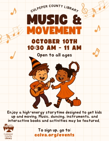 Kids dancing in halloween colors on flyer for music and movement class