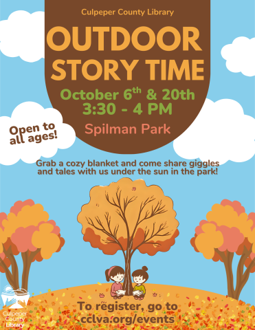 Flyer about Outdoor Story Time featuring two children reading under an autumn tree