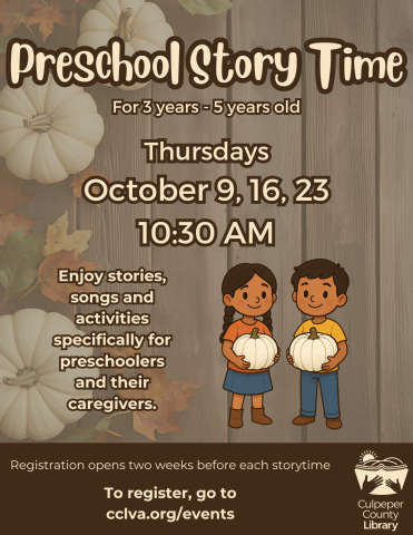 Flyer about October Preschool Story Time featuring two children holding pumpkins