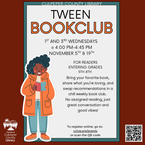 Flyer about tween book club with picture of a kid with a book
