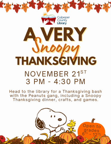 Flyer about teen event featuring Snoopy and Woodstock