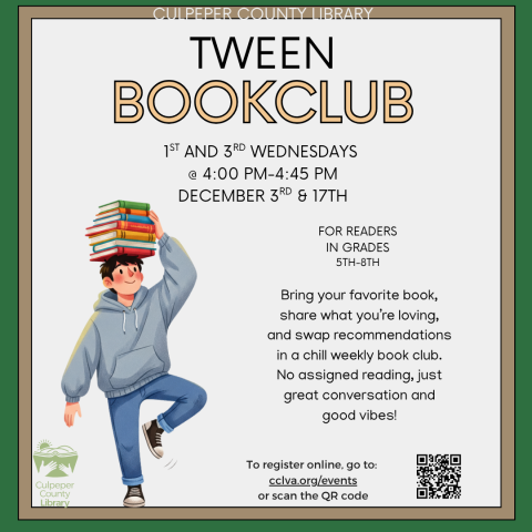 Flyer about tween book club with picture of a kid balancing books on his head