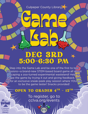 Flyer for a game event featuring beakers