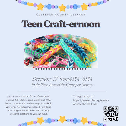 Flyer about teen craft event with picture of friendship bracelets