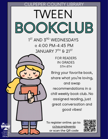 Flyer about tween book club with picture of woman with a book and coffee