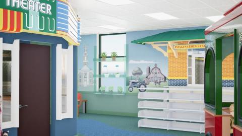 Rendering of State Theater, shelving, and Train Depot