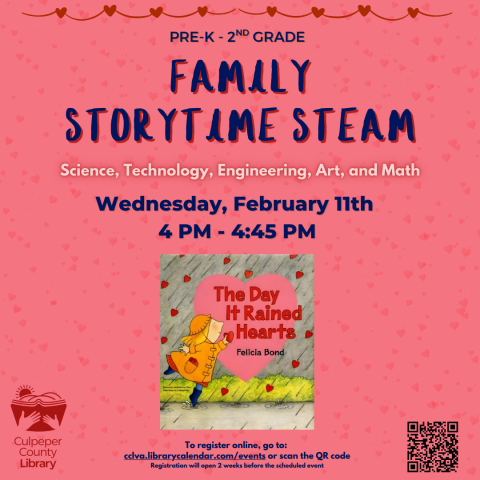 Flyer about Family Story Time with a photo of the book to read