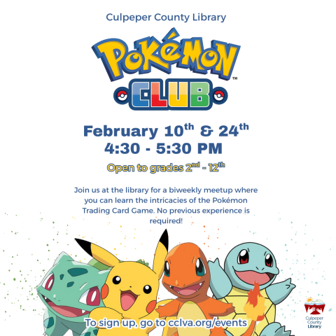 Flyer about Pokemon club with pictures of 4 different Pokemon