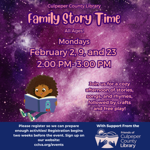 flyer about family story time with a child reading a book