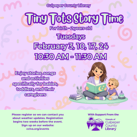 Flyer about tiny tots story time with picture of woman reading to a child
