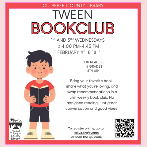 Flyer about tween book club with picture of a kid with a book