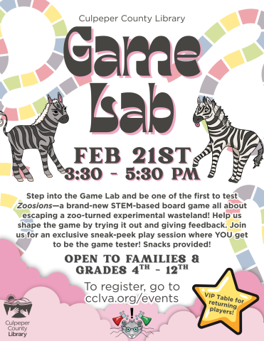 Flyer about game lab with zebras and board game elements.