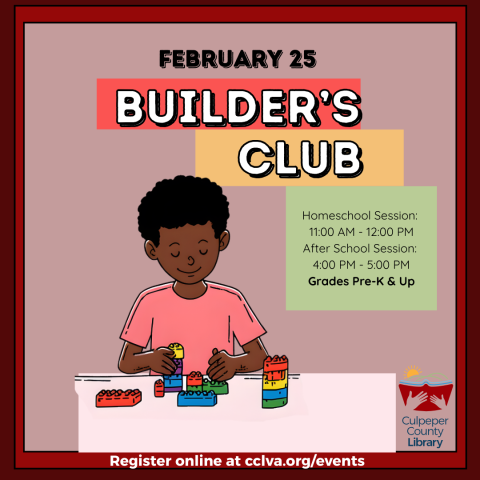 Flyer for builders club with child stacking blocks