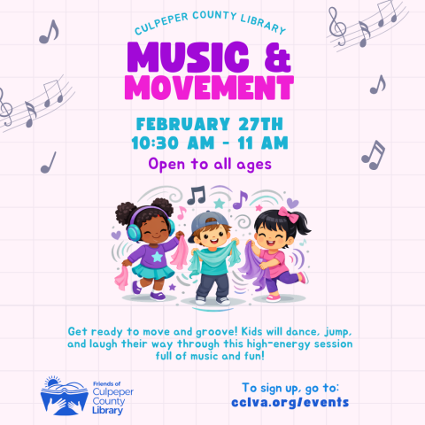 Flyer about music & movement event and three kids dancing