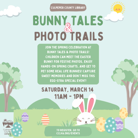 Flyer about bunny spring event with pictures of trees, eggs, and the easter bunny.