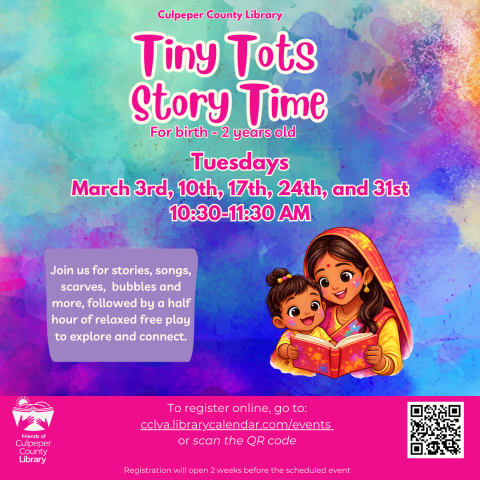 Flyer for Tiny Tots Story Time with a woman and child cuddling and reading a book.