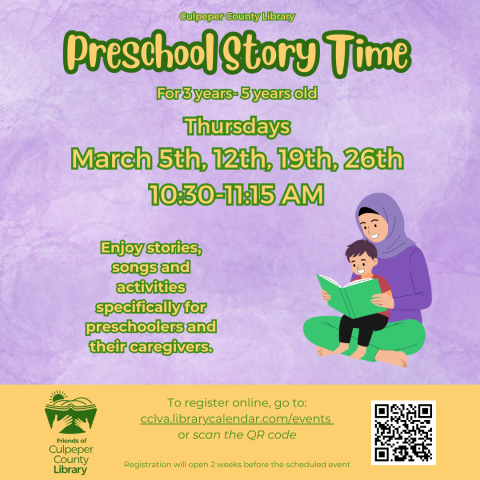 Flyer for preschool story time with a drawing of a woman and child reading.