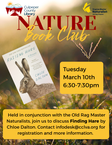 Flyer for the nature book club with nature scenery and a photo of the book "Raising Hare."