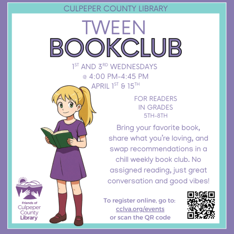 Flyer for tween book club with a girl holding a book.