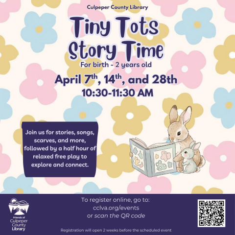 Flyer for Tiny Tots Story time with a bunny reading a book