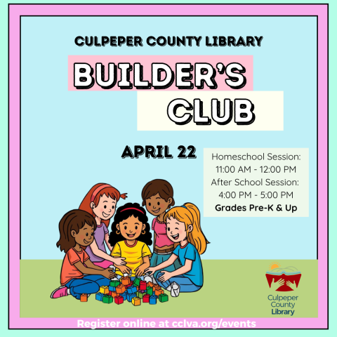 Flyer for Builders Club with a group of children playing with blocks