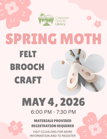 Pink flyer with flowers advertising the spring felt brooch craft program.