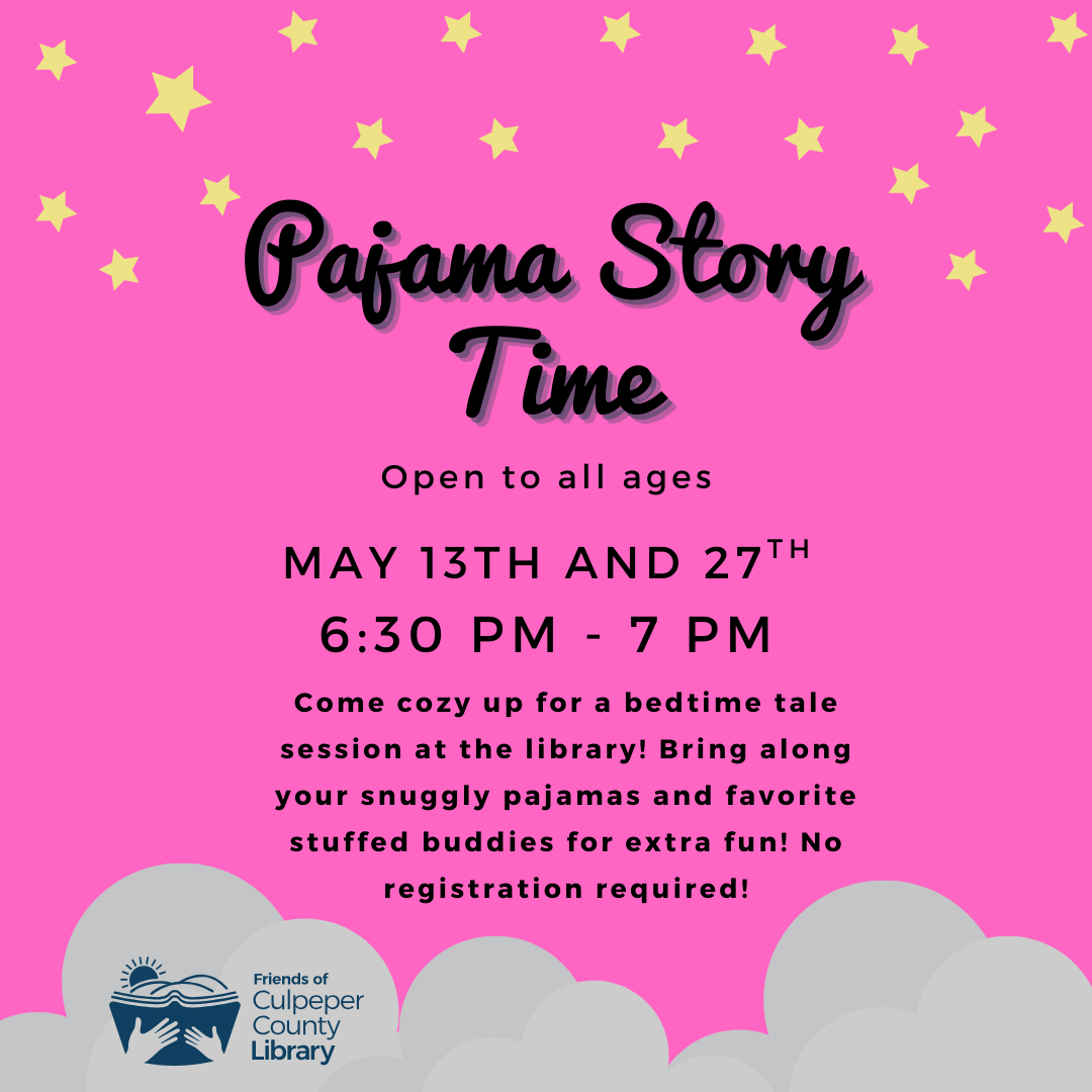 Stars and clouds and information about pajama story time.